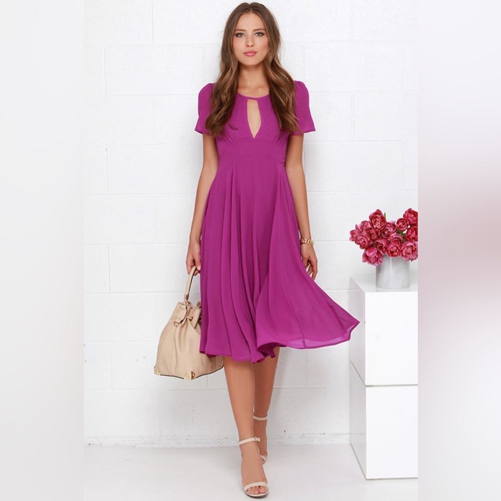 Lulu's Fuchsia Midi Dress with Keyhole Neckline